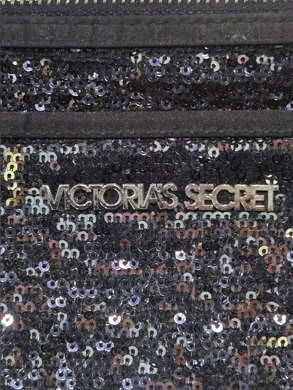 Victoria's Secret Black Sequin Zip Clutch with Silver Logo